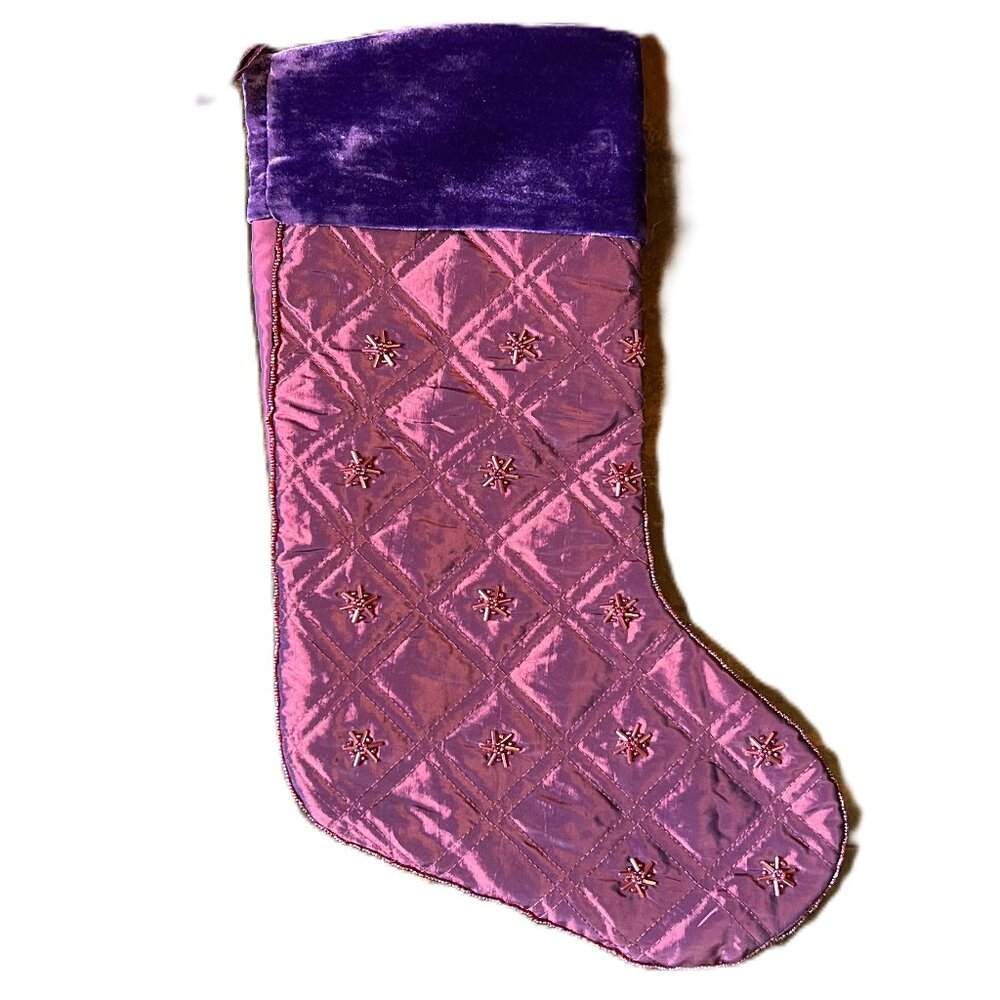 Pinkish Purple Quilted Beaded Satin Xmas Stocking w/Velvet Trim & Satin Lining